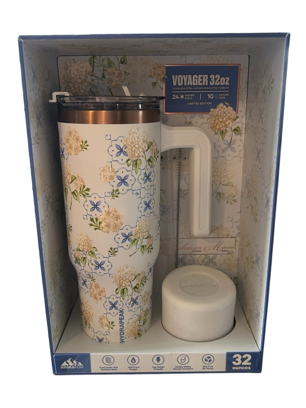 HydraPeak Voyager 32oz Hydrangea Mosaic Limited Edition Tumbler Set White Floral